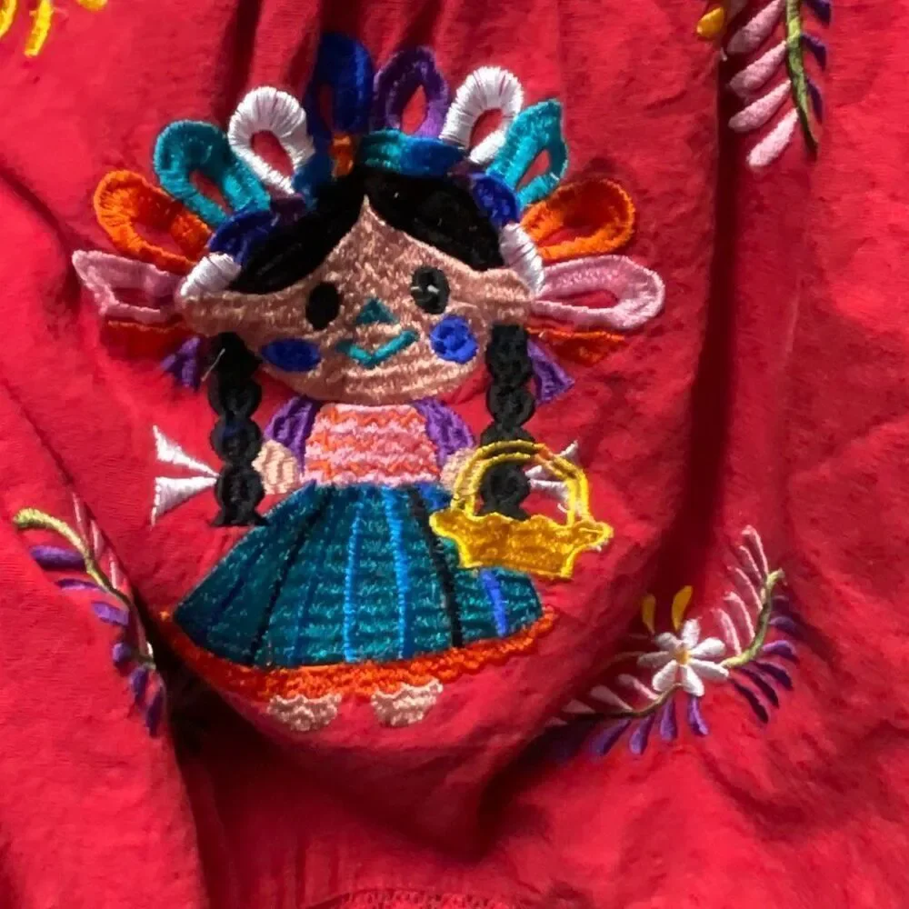 Mexican embroidered dress Campesino/ peasant dress off shoulders size XS
